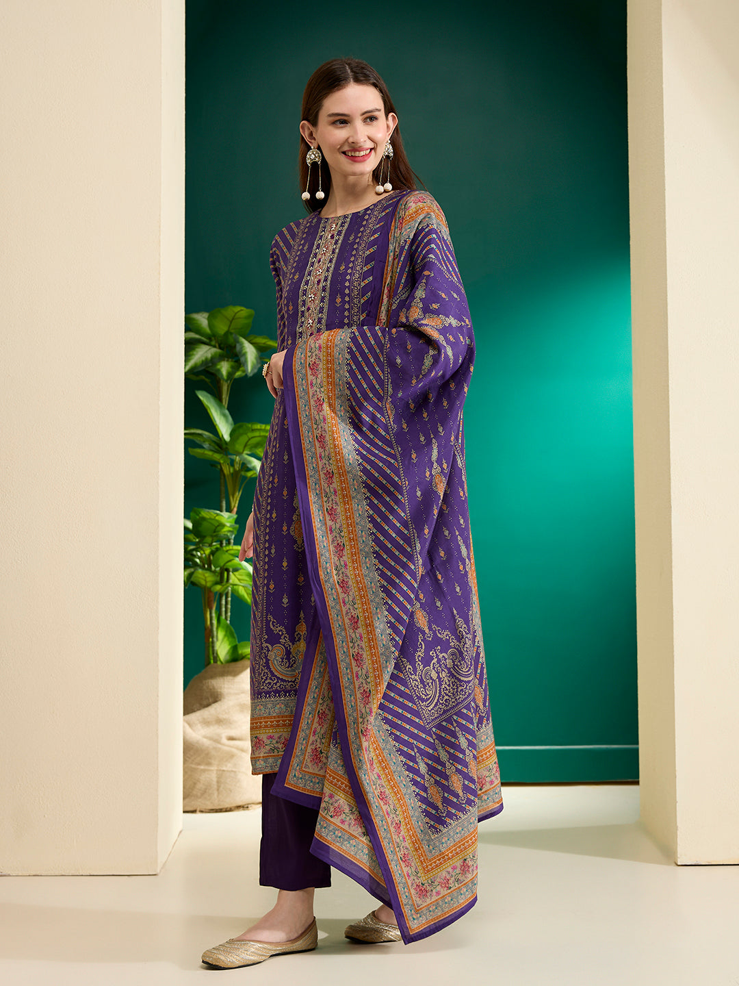 Ethnic Printed Straight Kurta with Pant & Dupatta - Purple