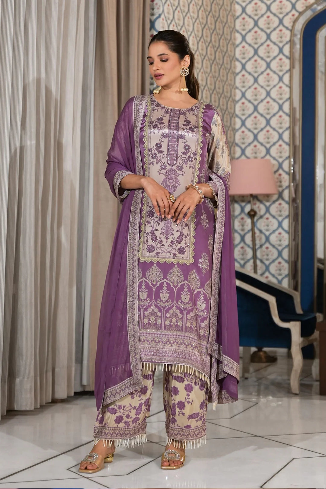 Lilac purple crepe silk printed A-line  kurta Palazzo set 