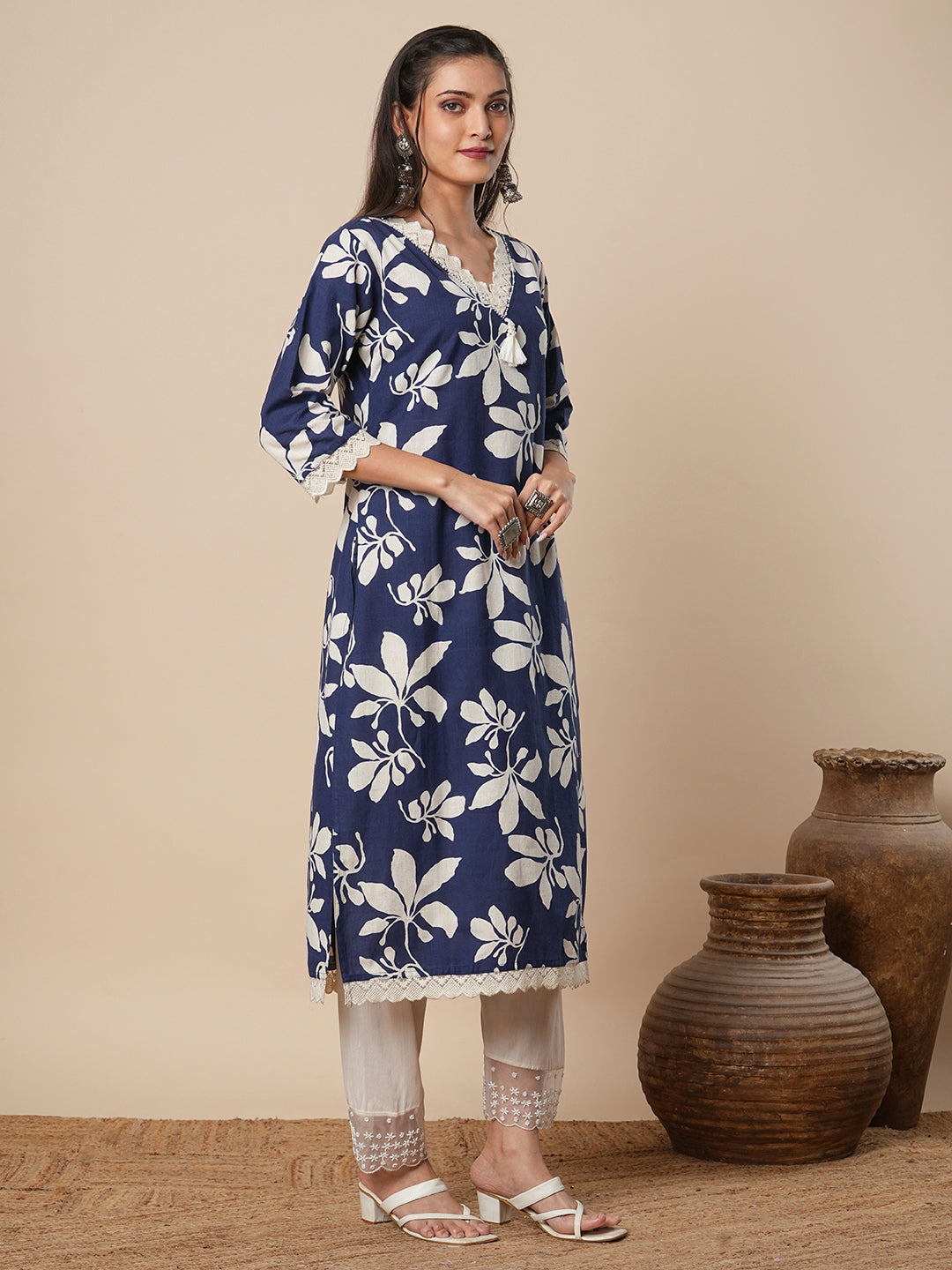 Abstract Floral Printed Straight Fit Kurta - Blue