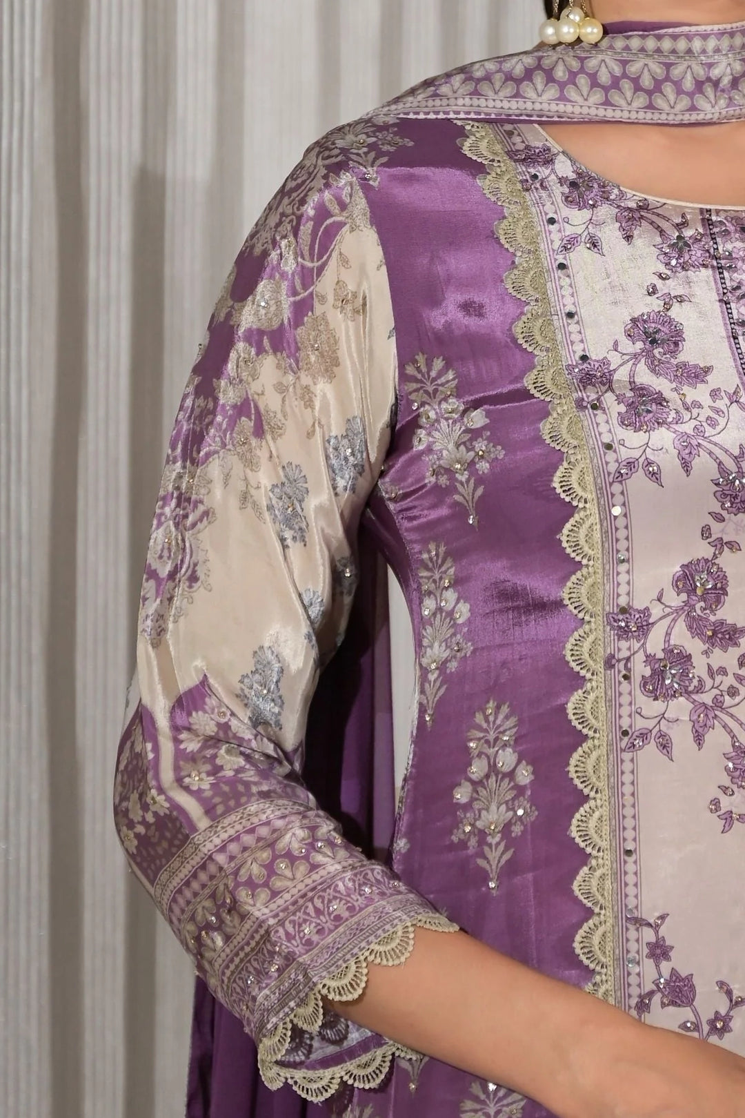 Lilac purple crepe silk printed A-line  kurta Palazzo set 