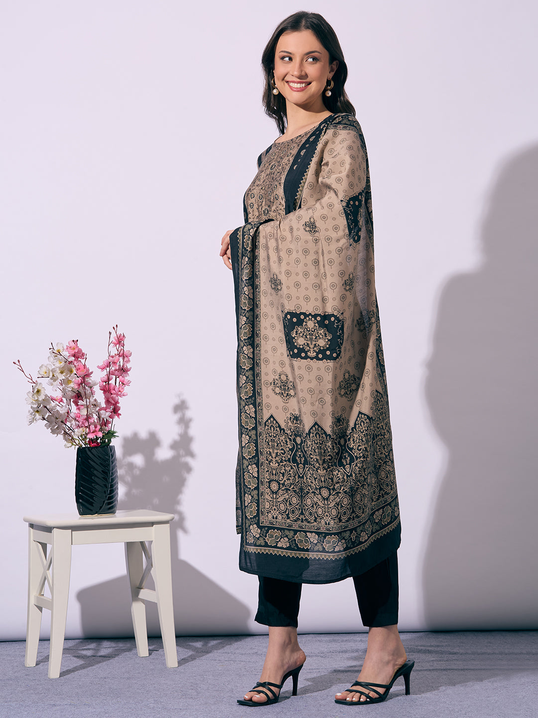 Ethnic Printed Straight Fit Kurta with Pant and Dupatta - Beige