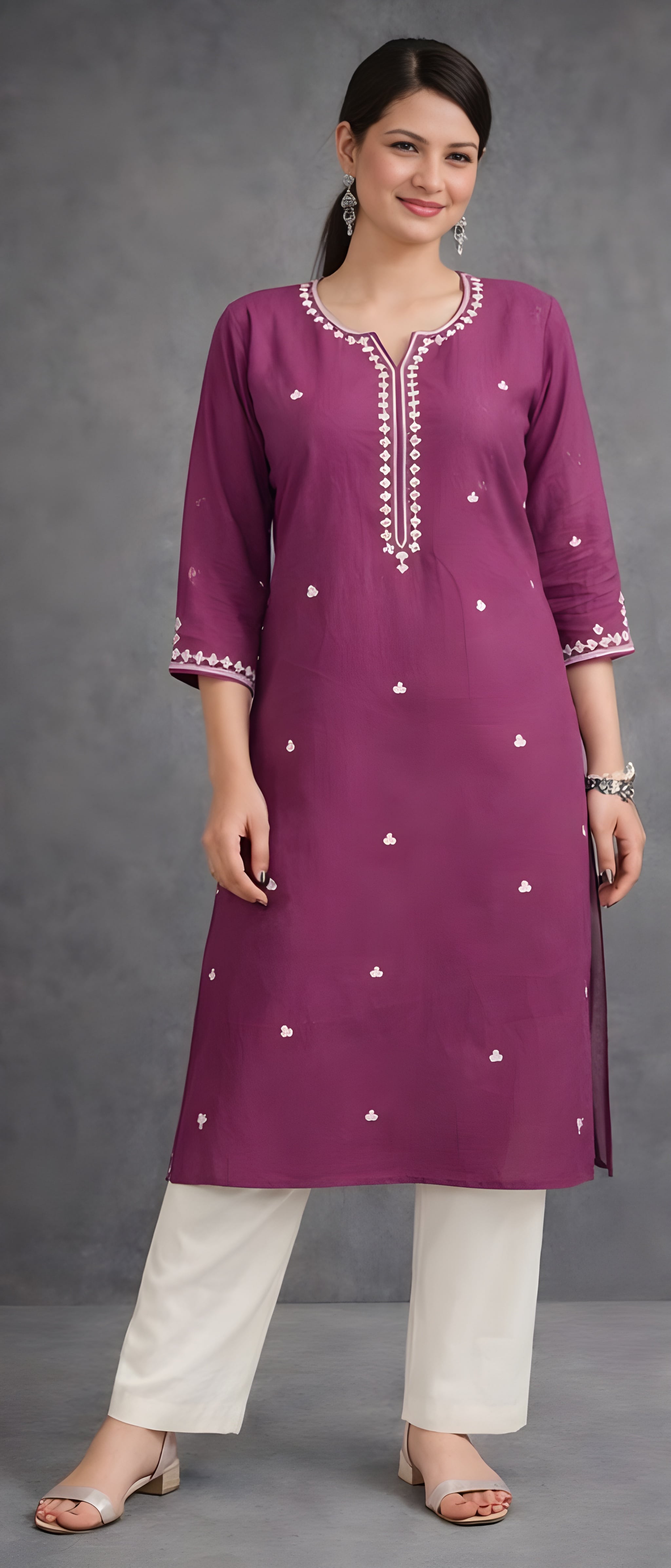 Solid  Embroidered Straight Fit Kurta - lavendar