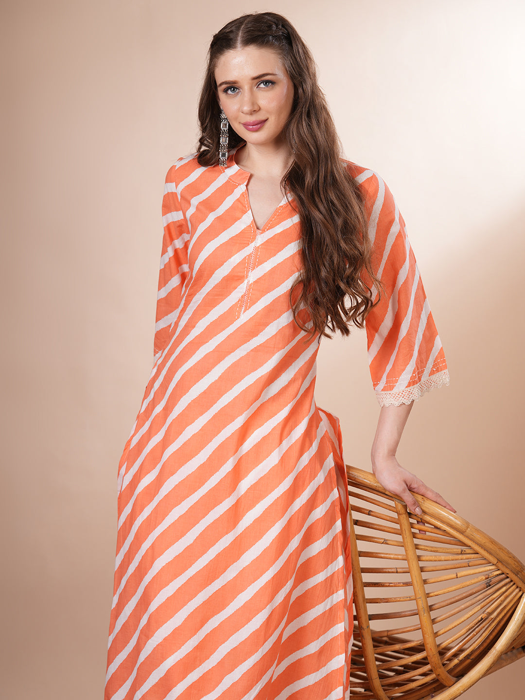 Leheriya Printed A-Line Co-ord Set - Peach