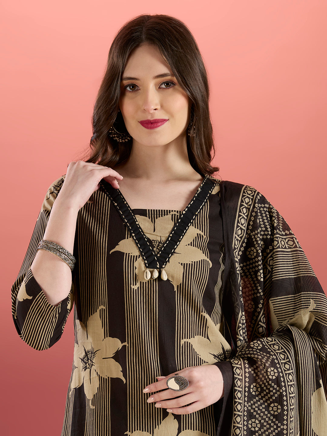 Stripes & Floral Printed Straight Kurta with Pant & Dupatta - Black