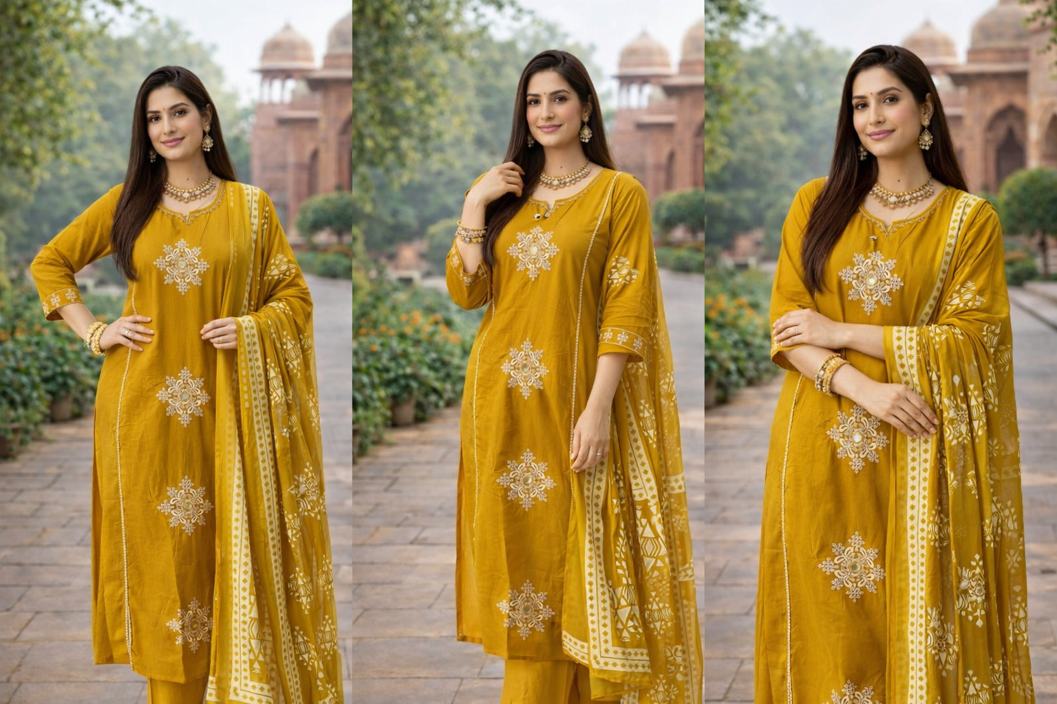Floral embroidered A-line Kurta with Pant & Dupatta - yellow
