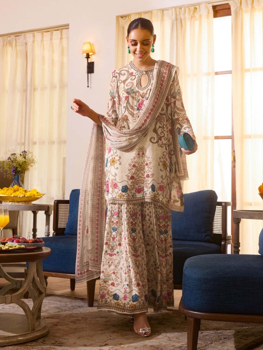 BEIGE FLORAL EMBROIDERED KURTI WITH SHARARA AND DUPPATA (SET OF 3)