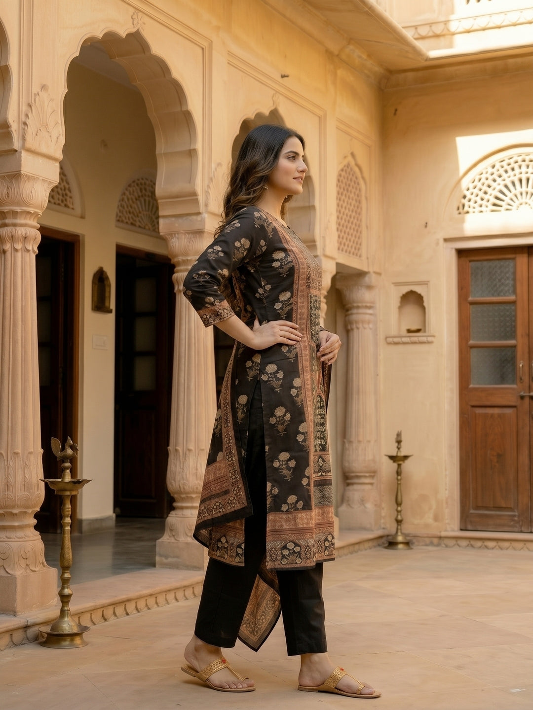 Ethnic Printed & Embroidered Straight Kurta with Pant & Dupatta - Black