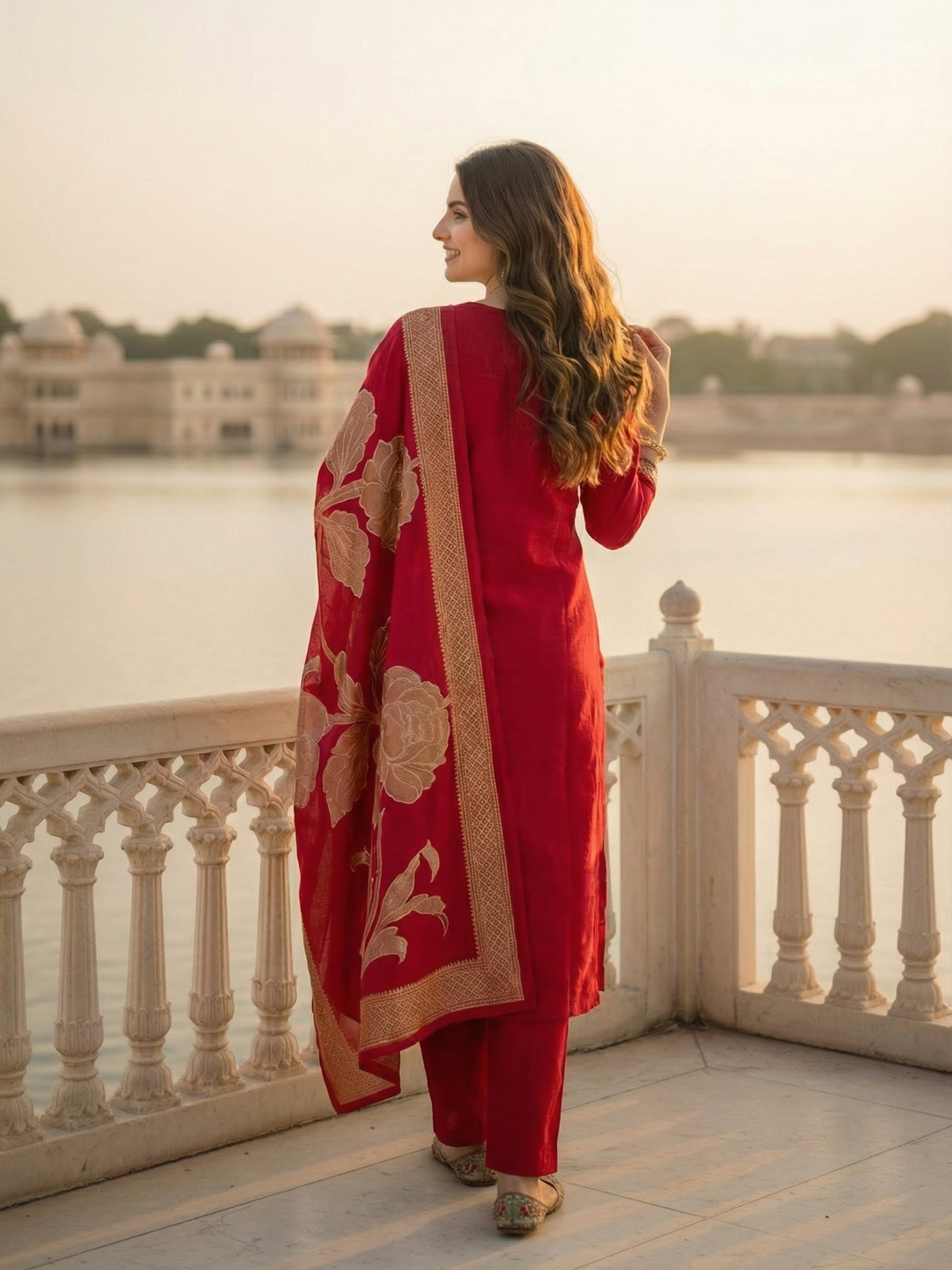 Solid Ethnic Embroidered Straight Kurta with Pant & Dupatta - Maroon