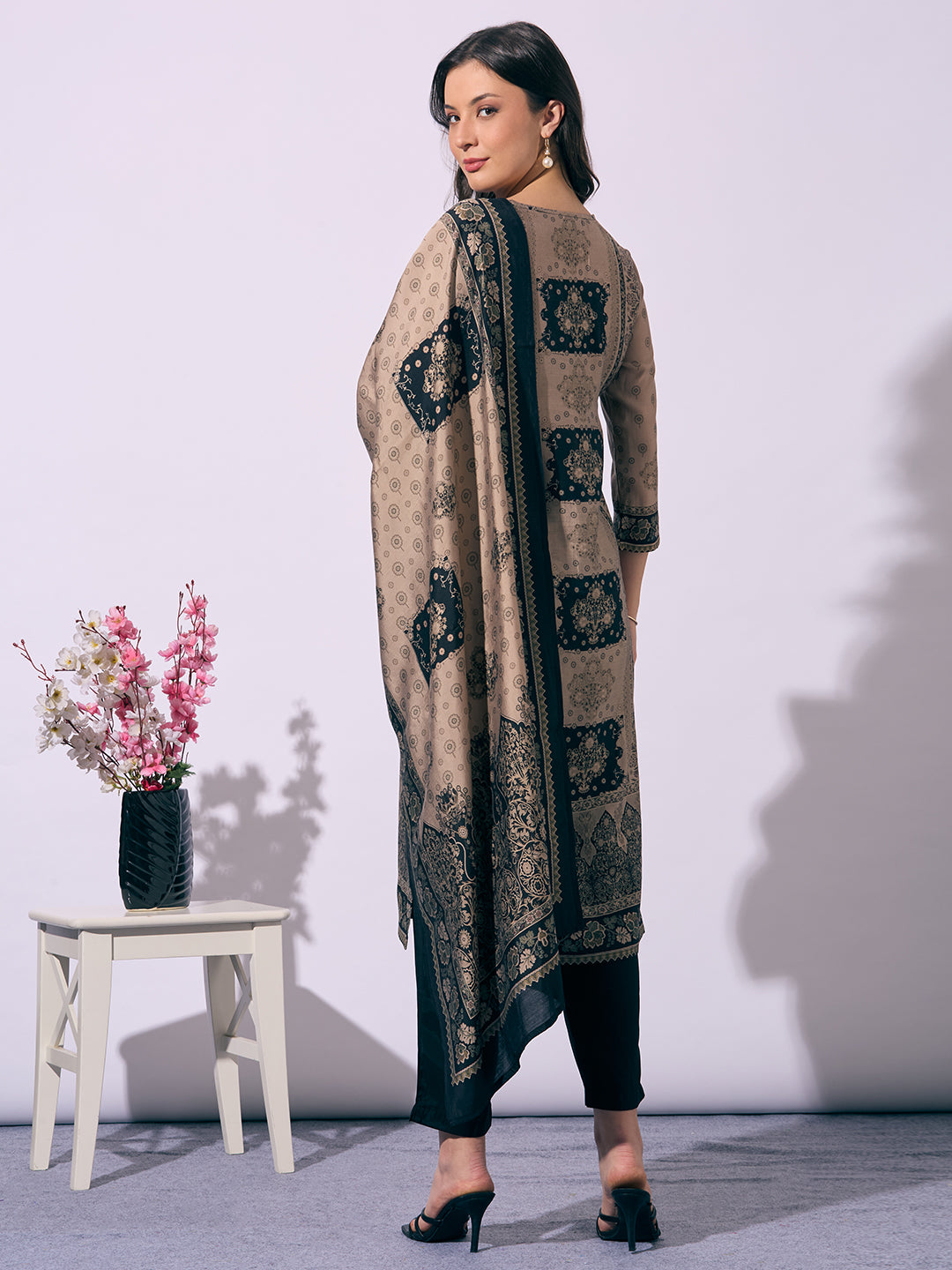 Ethnic Printed Straight Fit Kurta with Pant and Dupatta - Beige