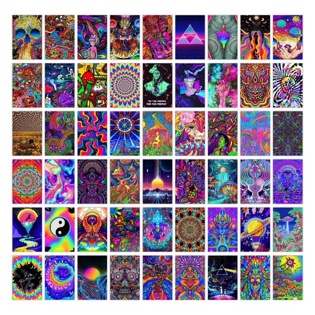 Aesthetic 54 Pcs 420 Psychedelic Wall Collage Kit Posters - 4 x 6 Inches Poster for Wall Decoration - Glue Dots Included-Cardstock
