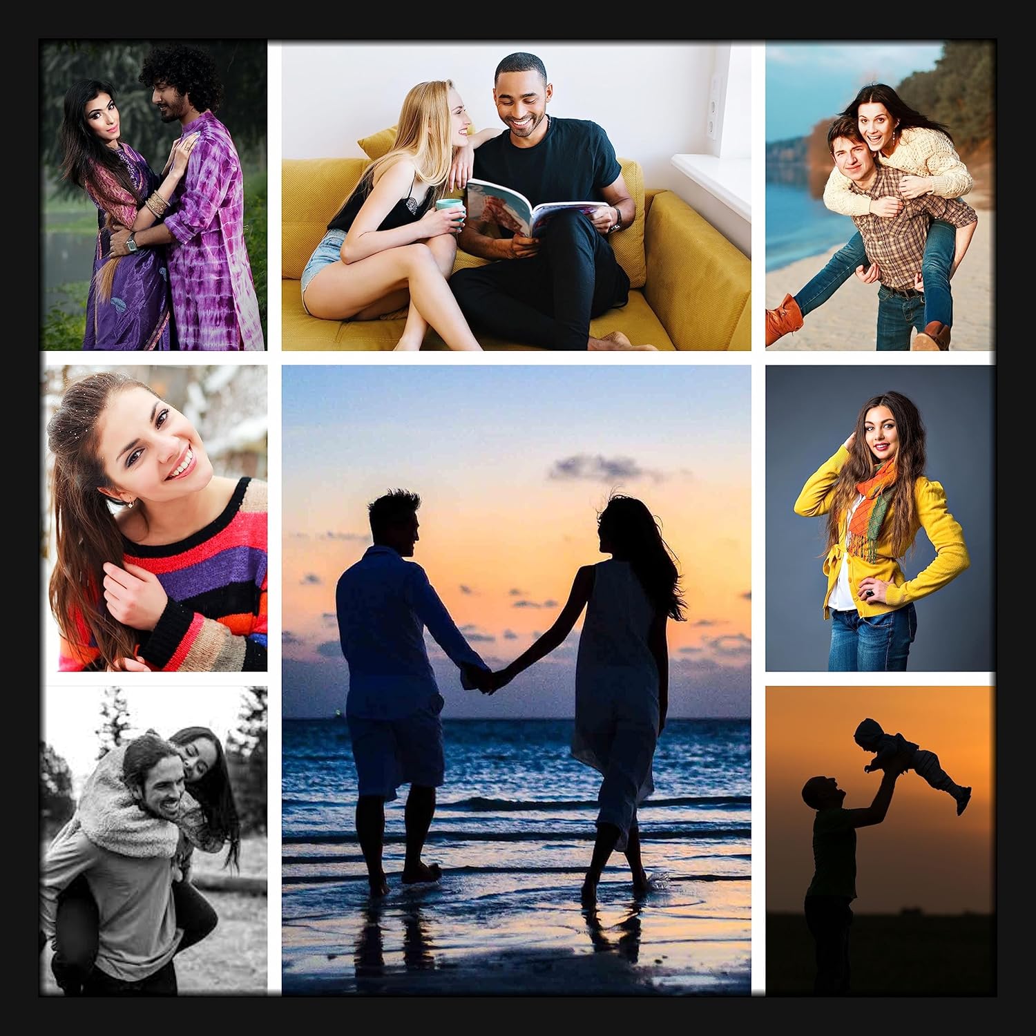Customized Collage Wood Rectangle/Square Photo Frames 30 X 30 Cm For Wall,Personalised Photo Frame With Photo Upload For Couple,Family,Kids In Bedroom,Living Room And Gift(8 Images),Black