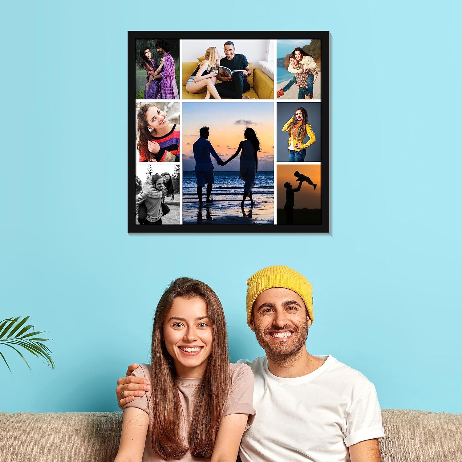 Customized Collage Wood Rectangle/Square Photo Frames 30 X 30 Cm For Wall,Personalised Photo Frame With Photo Upload For Couple,Family,Kids In Bedroom,Living Room And Gift(8 Images),Black