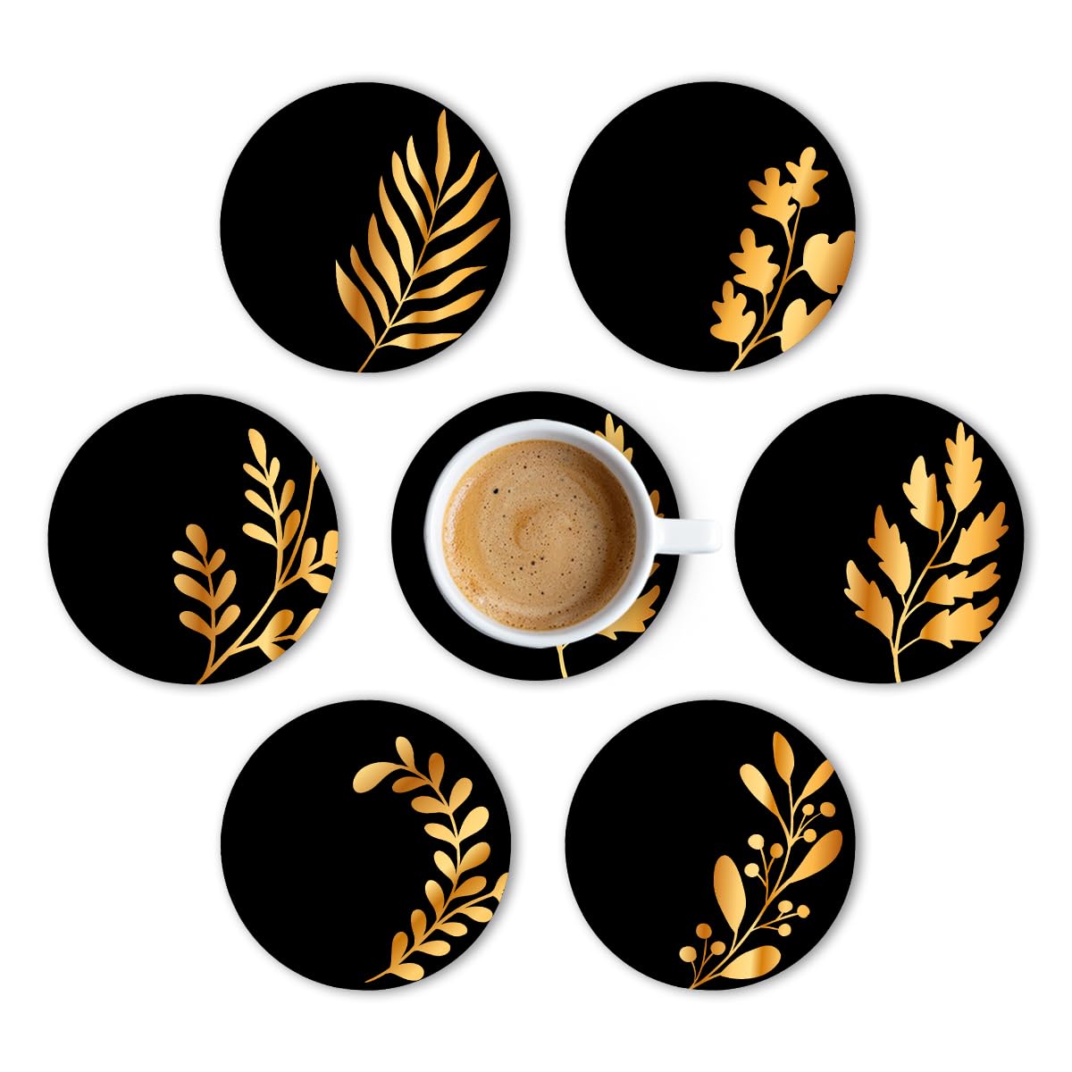 Premium Round Black Leaf Beautiful Wooden Coasters, Diwali Gift, Fit for Tea Cups, Coffee Mugs and Glasses 4 8 12 (3.5X3.5 Inch) (Set of 6))