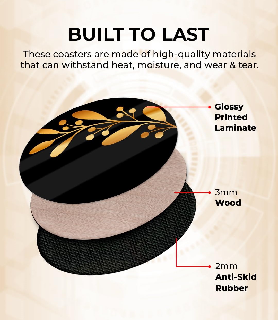 Premium Round Black Leaf Beautiful Wooden Coasters, Diwali Gift, Fit for Tea Cups, Coffee Mugs and Glasses 4 8 12 (3.5X3.5 Inch) (Set of 6))