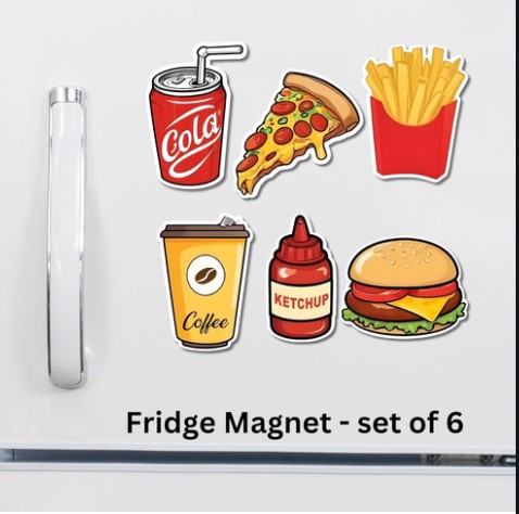 Fridge Magnet Set of 6, Includes Coca-Cola Can, Pizza, French Fries, Coffee Cup, Ketchup Bottle, Burger- Door Decoration, Wardrop Magnets with Eligant Design