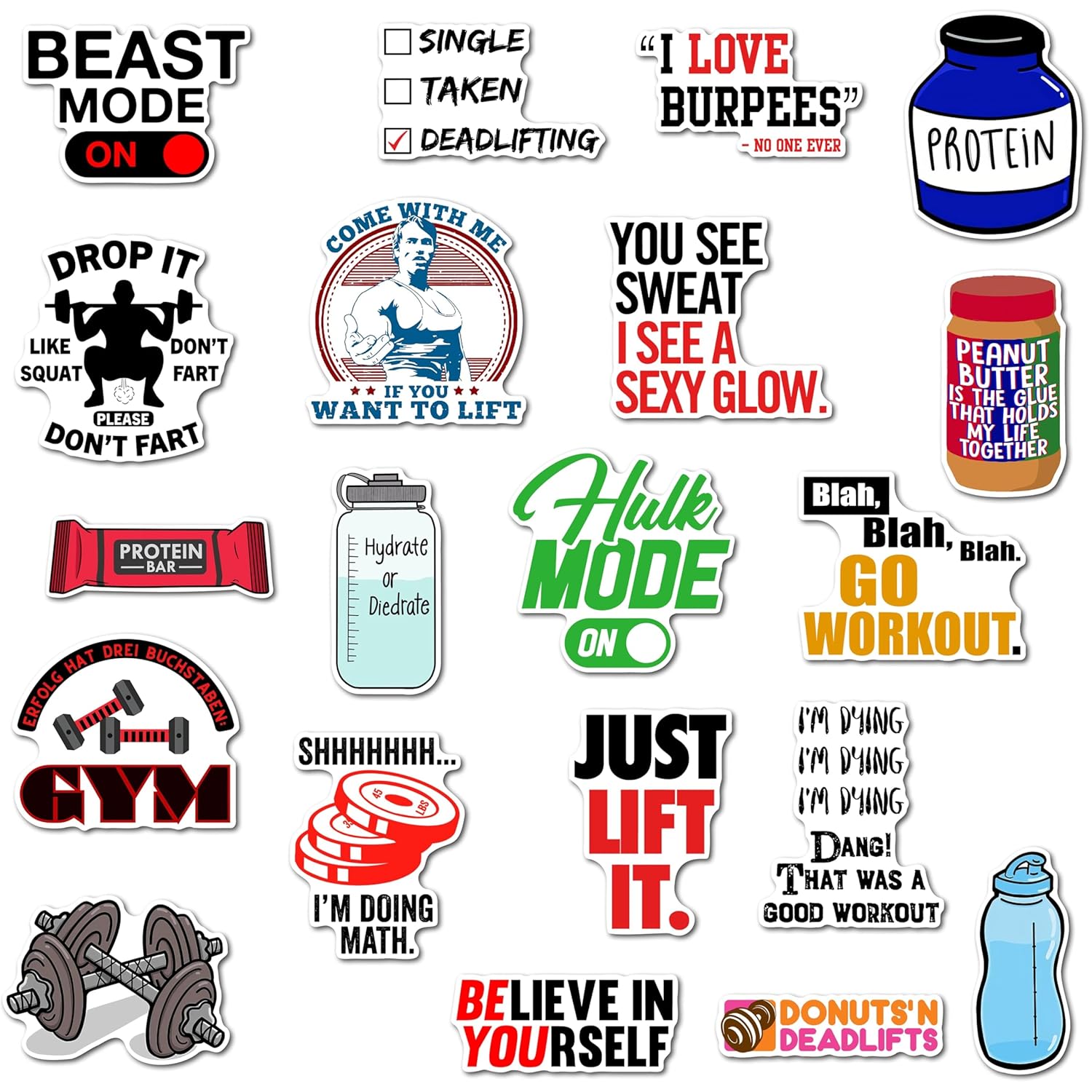 Complete Fitness Inspiration Fridge Magnet Set - Motivational Designs for Workout Warriors, Cute Durable Magnets for Magnetic Surface (Set of 19)
