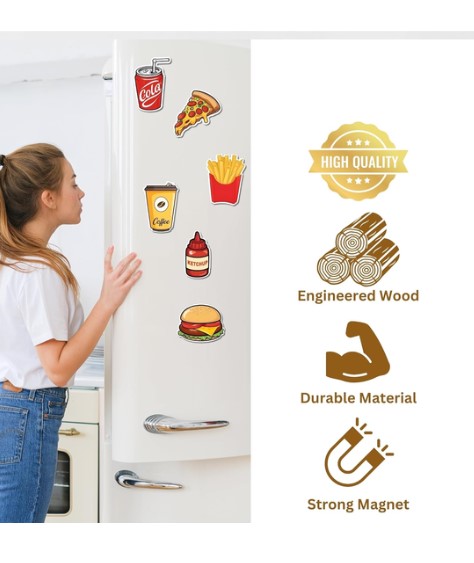 Fridge Magnet Set of 6, Includes Coca-Cola Can, Pizza, French Fries, Coffee Cup, Ketchup Bottle, Burger- Door Decoration, Wardrop Magnets with Eligant Design