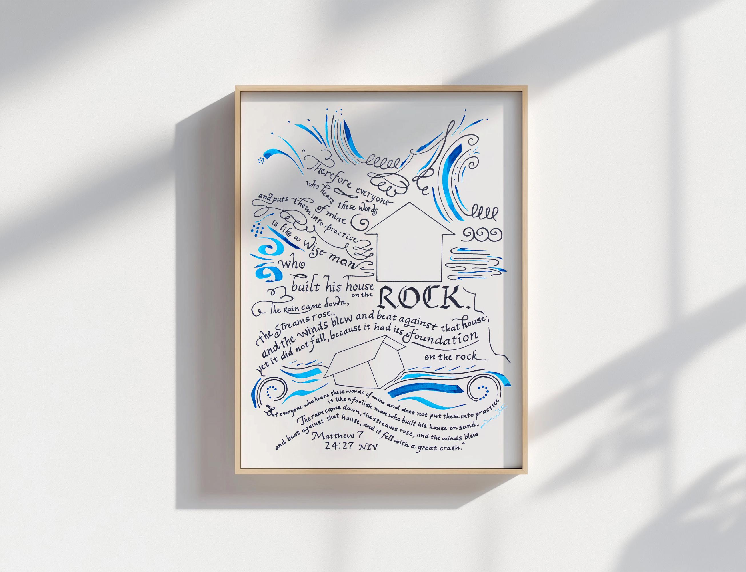 Matthew 5 24-37 Bible Verse Calligraphy Art Print House on the Rock The Wise and Foolish Builders