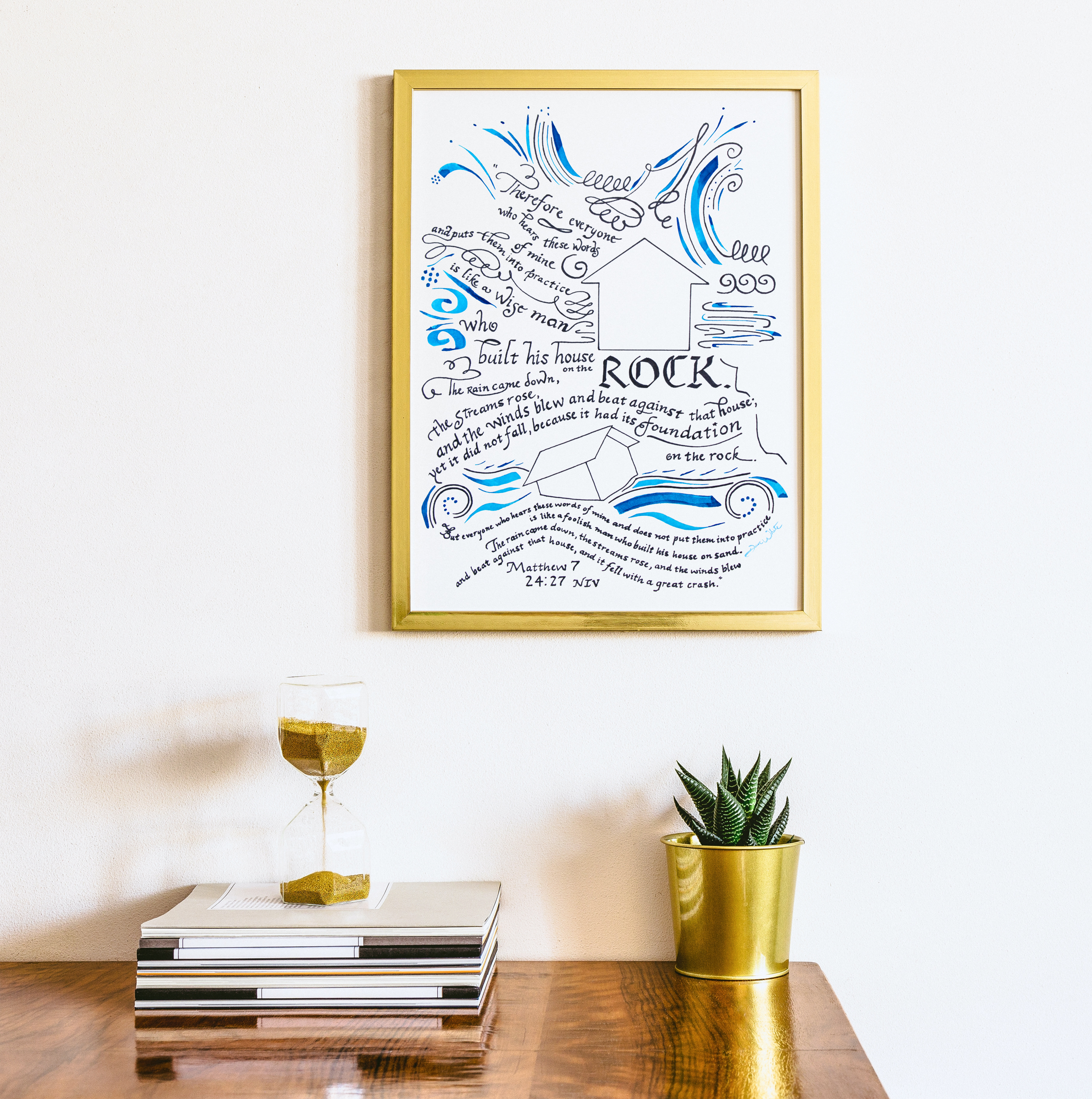 Matthew 5 24-37 Bible Verse Calligraphy Art Print House on the Rock The Wise and Foolish Builders