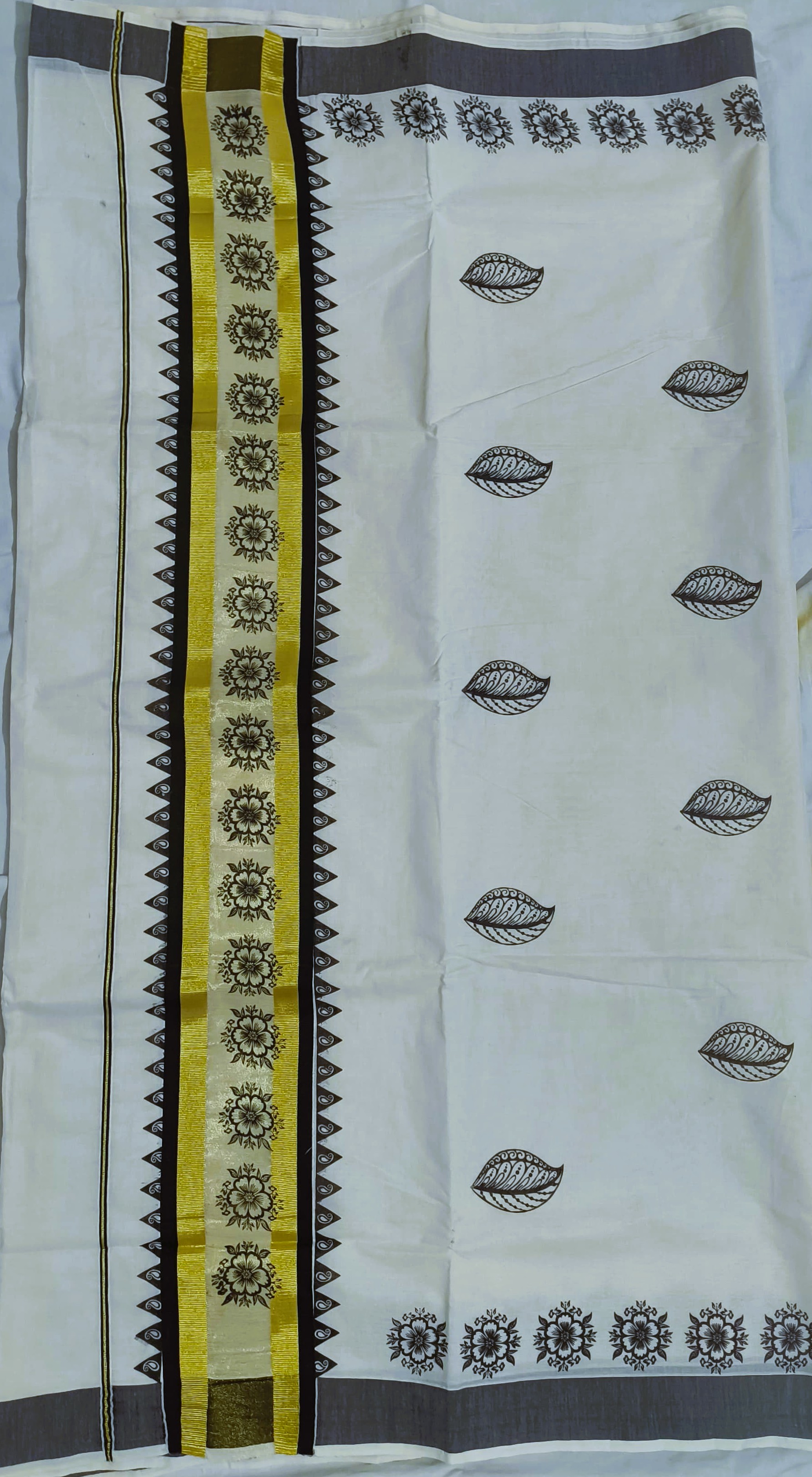 Traditional Kasavu Saree with black print