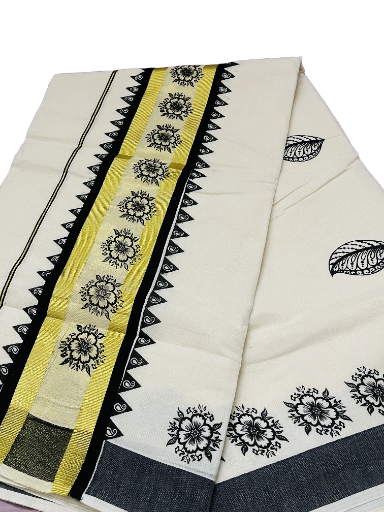 Traditional Kasavu Saree with black print