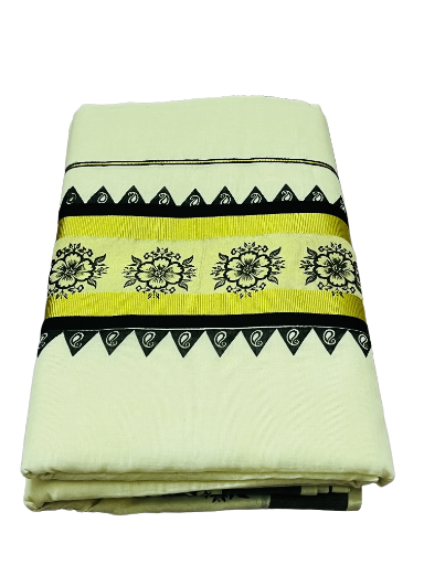 Traditional Kasavu Saree with black print