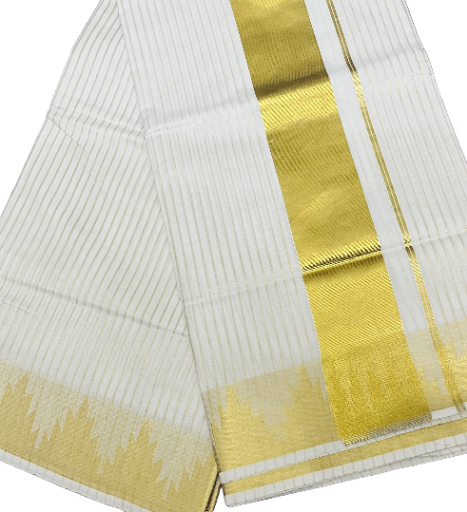 Traditional White Kerala kasavu Saree with vertical golden lines
