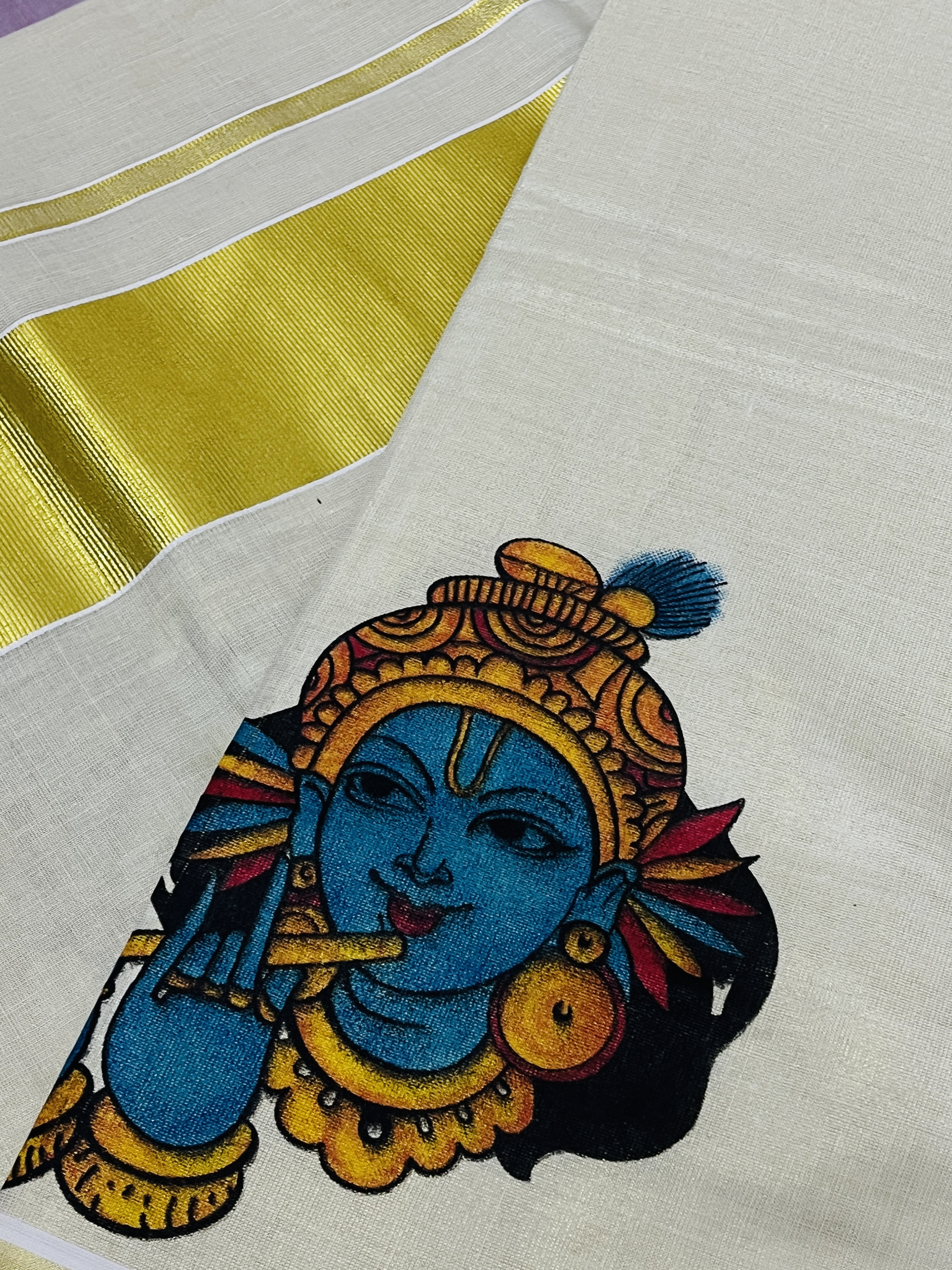 Traditional Kerala Tissue Saree with Krishna print