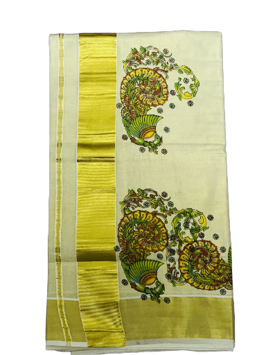 Kerala Golden Tissue Saree with Peacock print