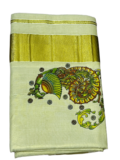 Kerala Golden Tissue Saree with Peacock print