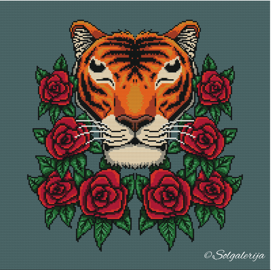 Siuvinėjimo kryželiu schema "Tigras tarp rožių"