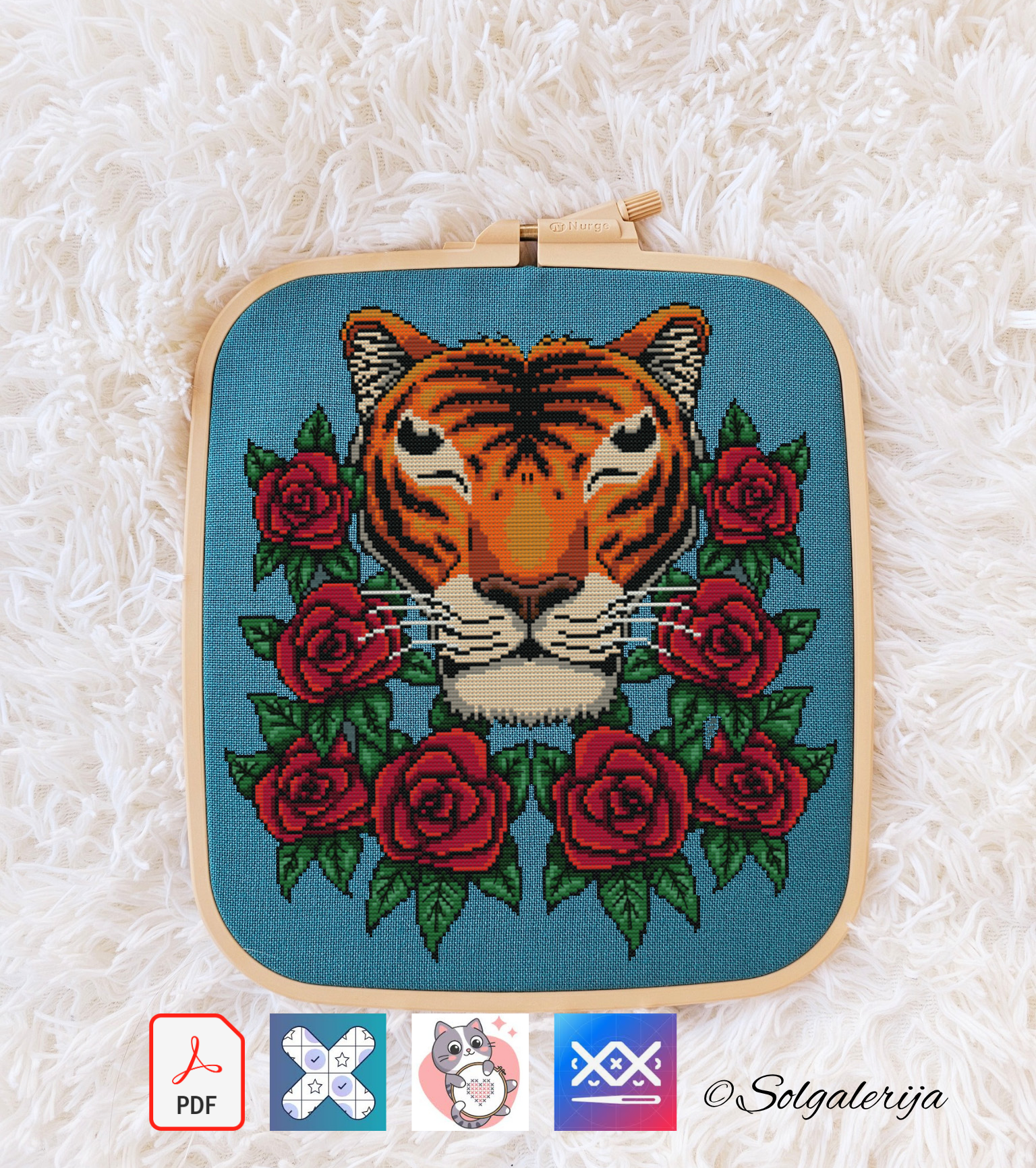 Siuvinėjimo kryželiu schema "Tigras tarp rožių"
