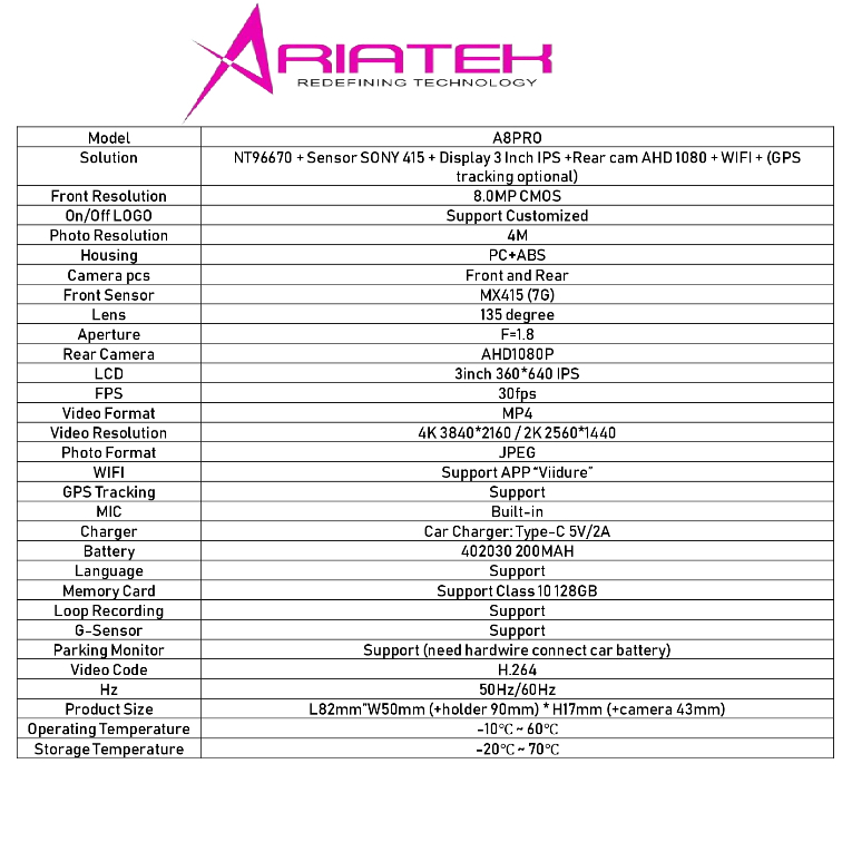 ARIATEK A8 PRO DUAL DASHCAM 4K 1080P DNP