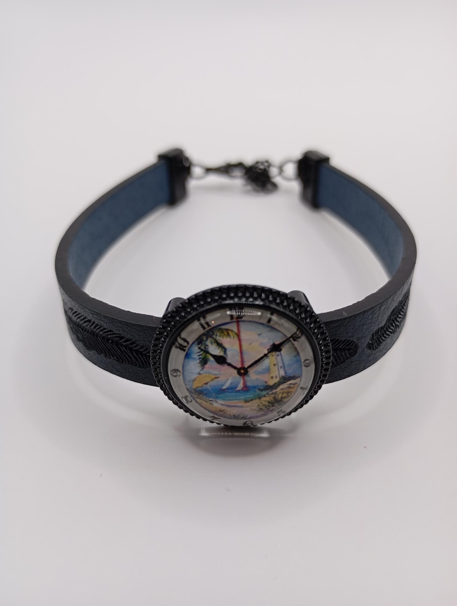 Bracelet simili cuir bleu foncé ajustable cabochon illustré fausse montre avec palmier