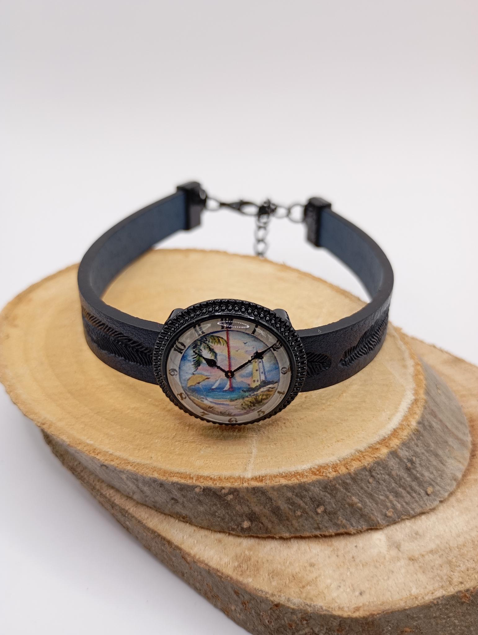 Bracelet simili cuir  bleu foncé ajustable  cabochon illustré  fausse montre avec palmier
