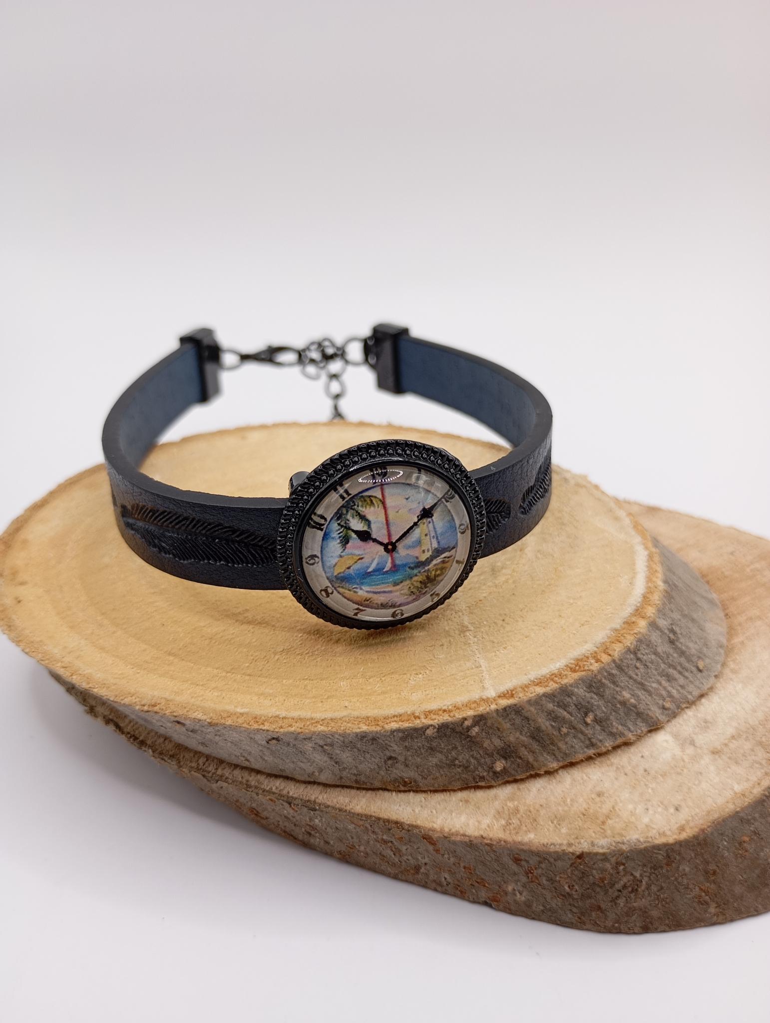 Bracelet simili cuir  bleu foncé ajustable  cabochon illustré  fausse montre avec palmier