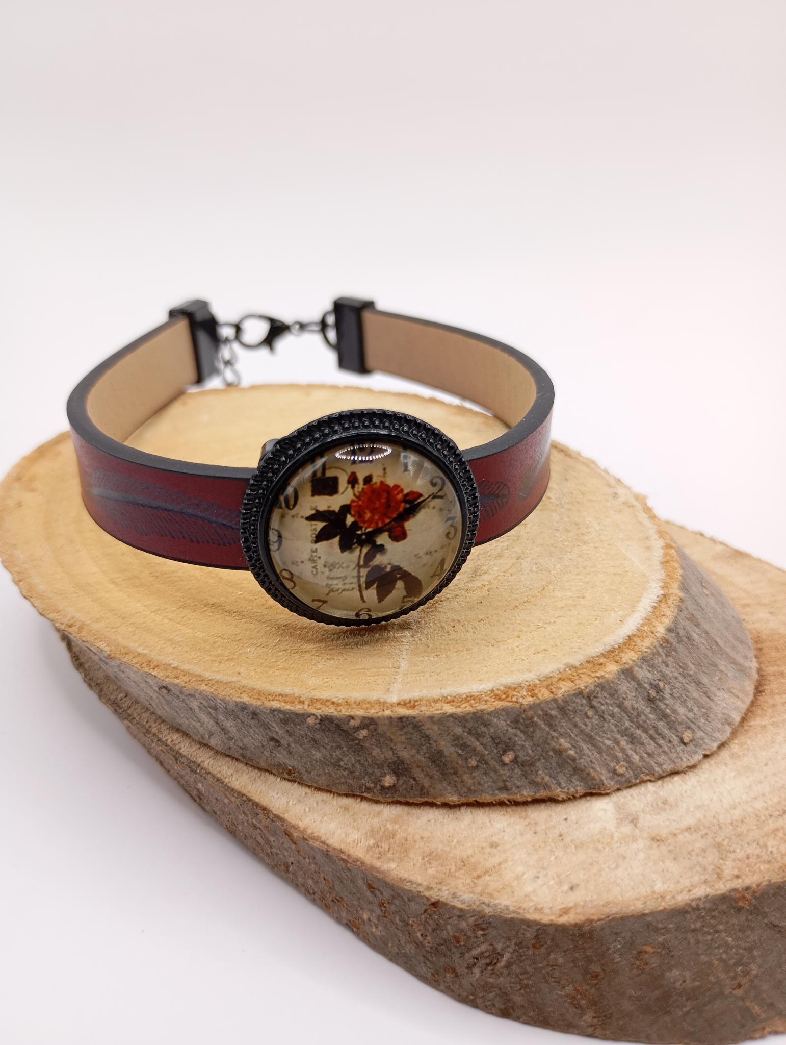 Bracelet simili cuir rouge /marron ajustable  cabochon illustré fausse montre  fleurs
