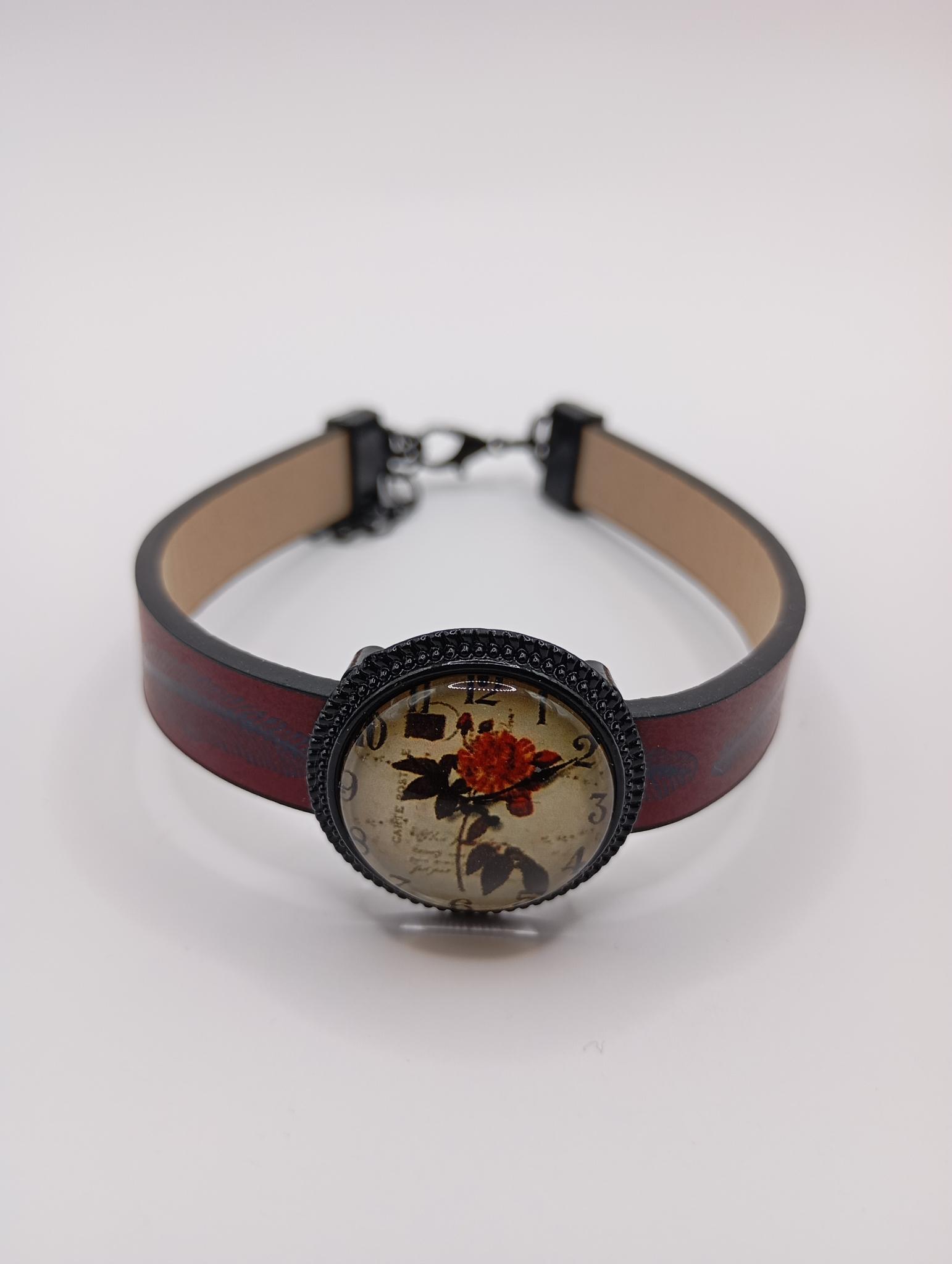 Bracelet simili cuir rouge /marron ajustable  cabochon illustré fausse montre  fleurs