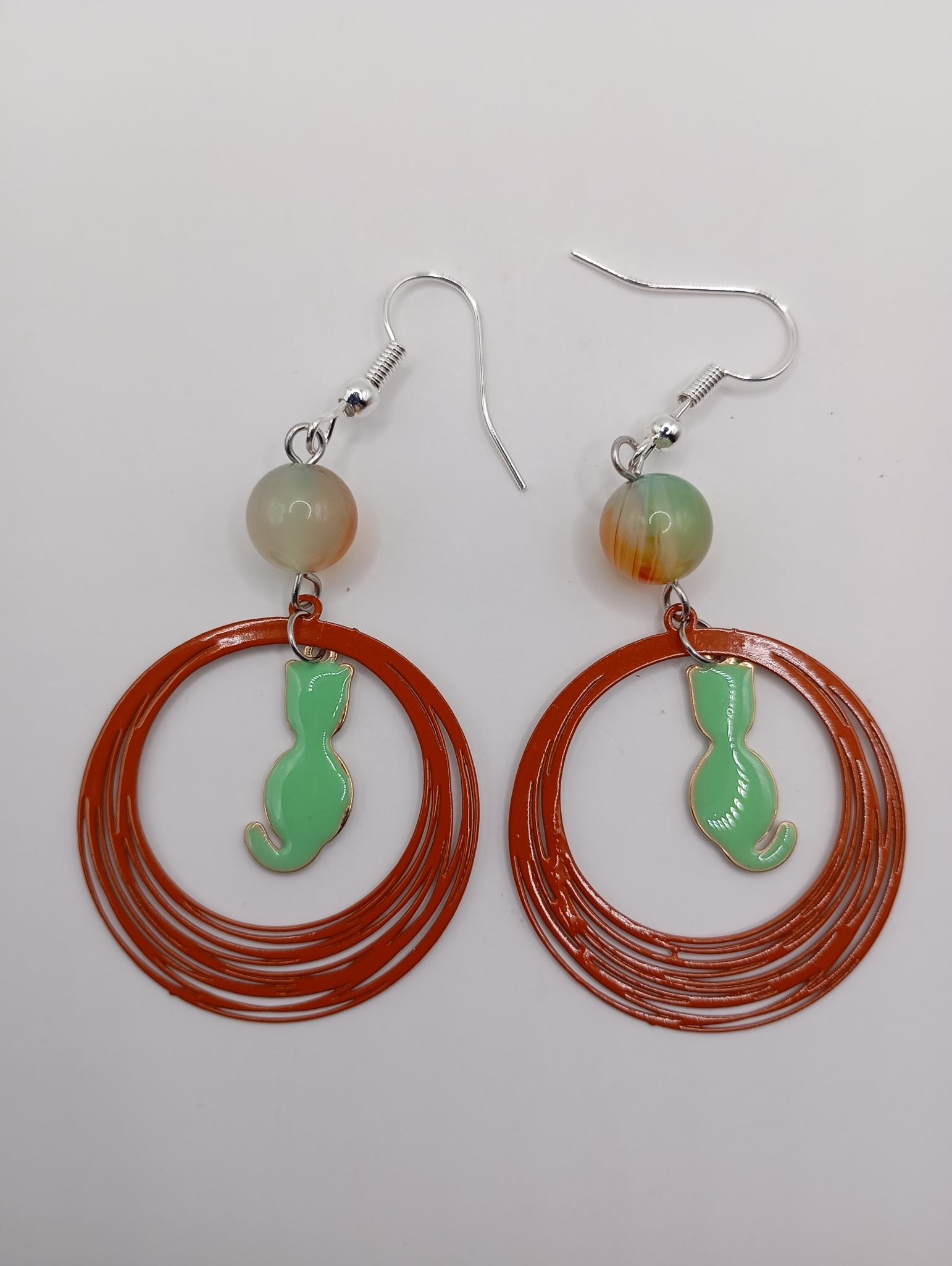 Boucles d'oreilles chat vert et cercle orange
