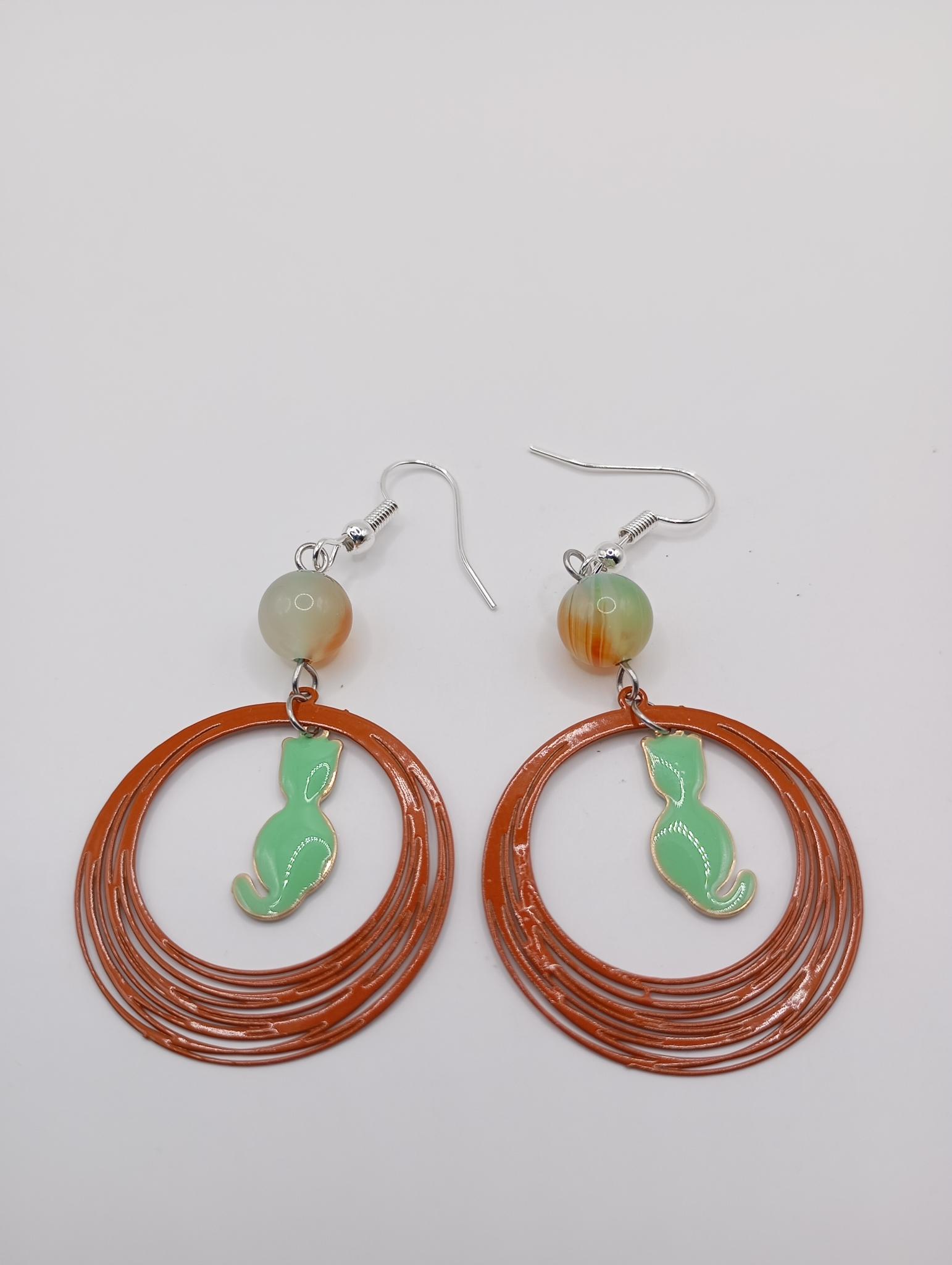 Boucles d'oreilles chat vert et cercle orange