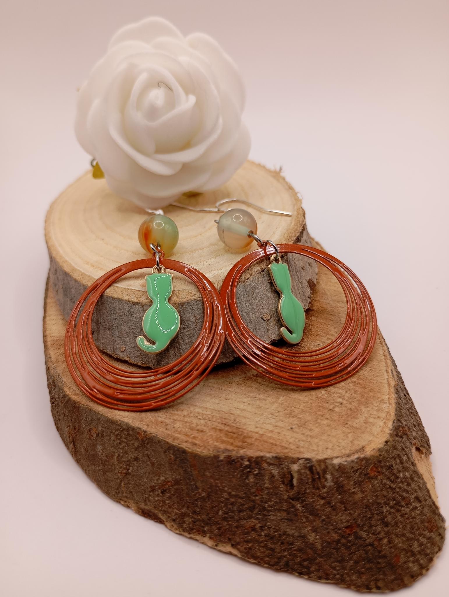 Boucles d'oreilles chat vert et cercle orange