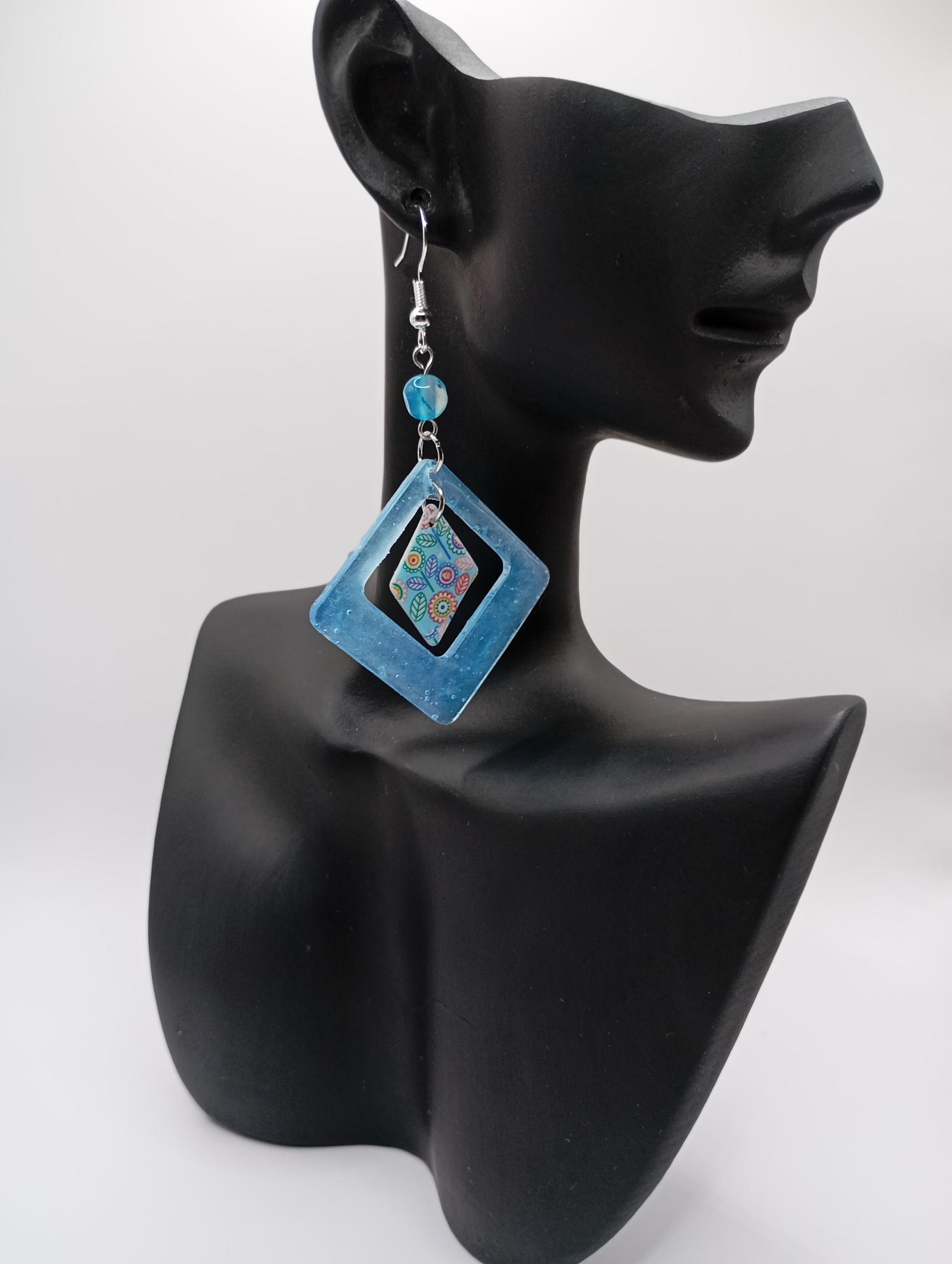 Boucle d'oreille carrée bleue