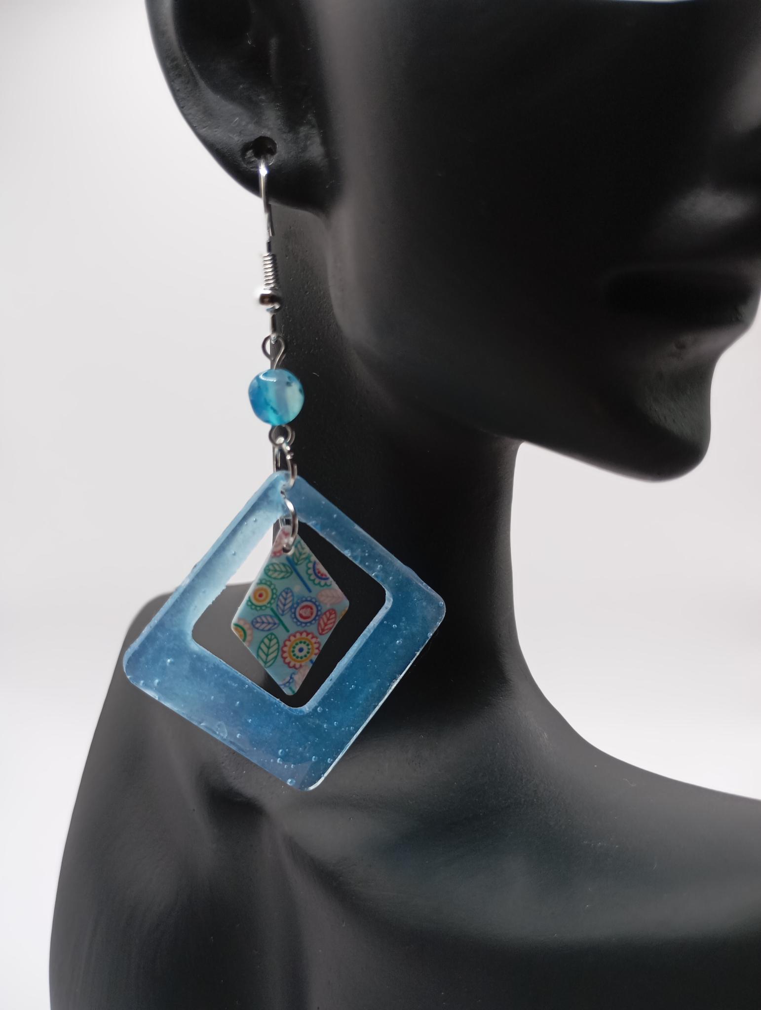 Boucle d'oreille carrée bleue