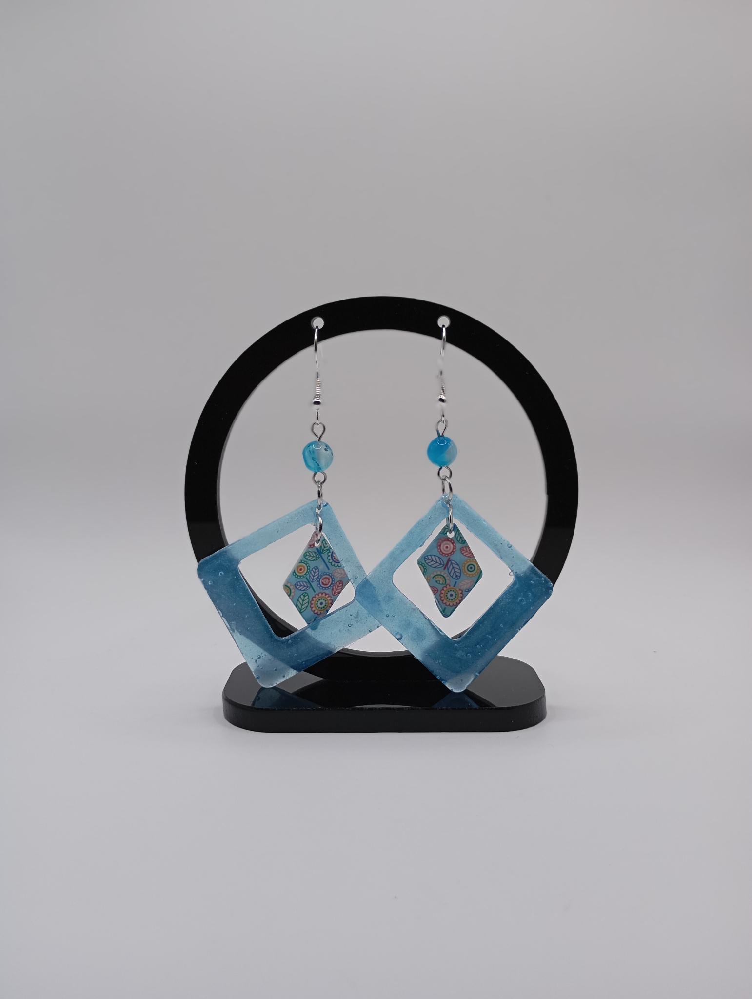 Boucle d'oreille carrée bleue