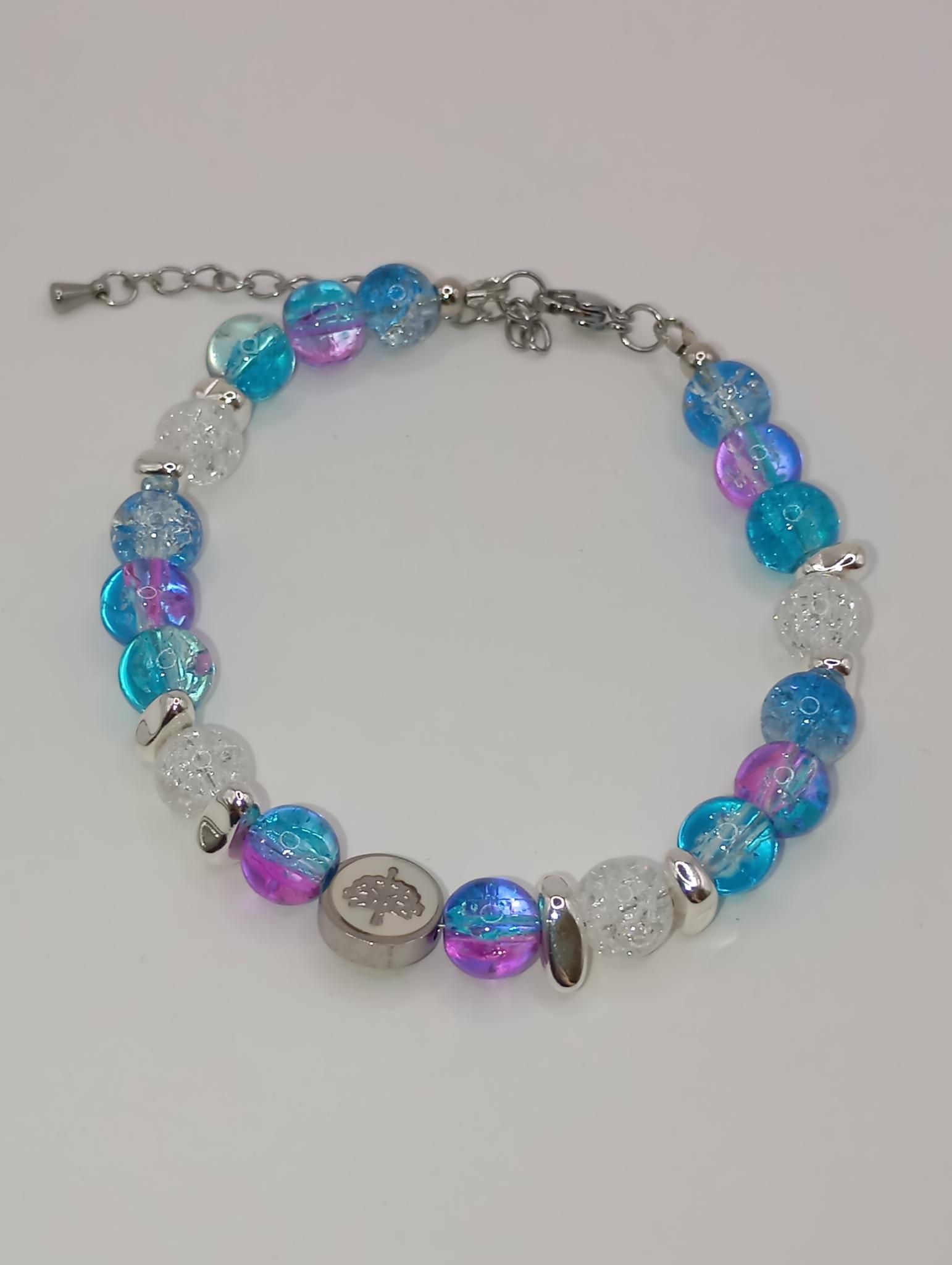 Bracelet en perles colorées et chips en  hématite argenté