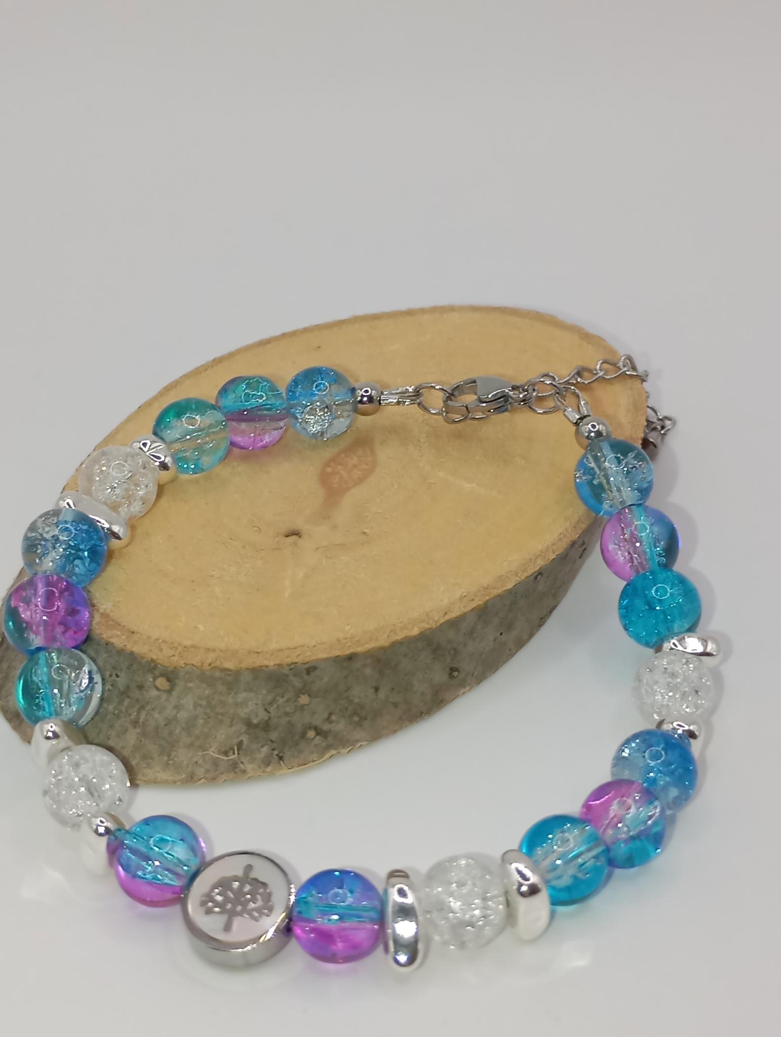 Bracelet en perles colorées et chips en  hématite argenté