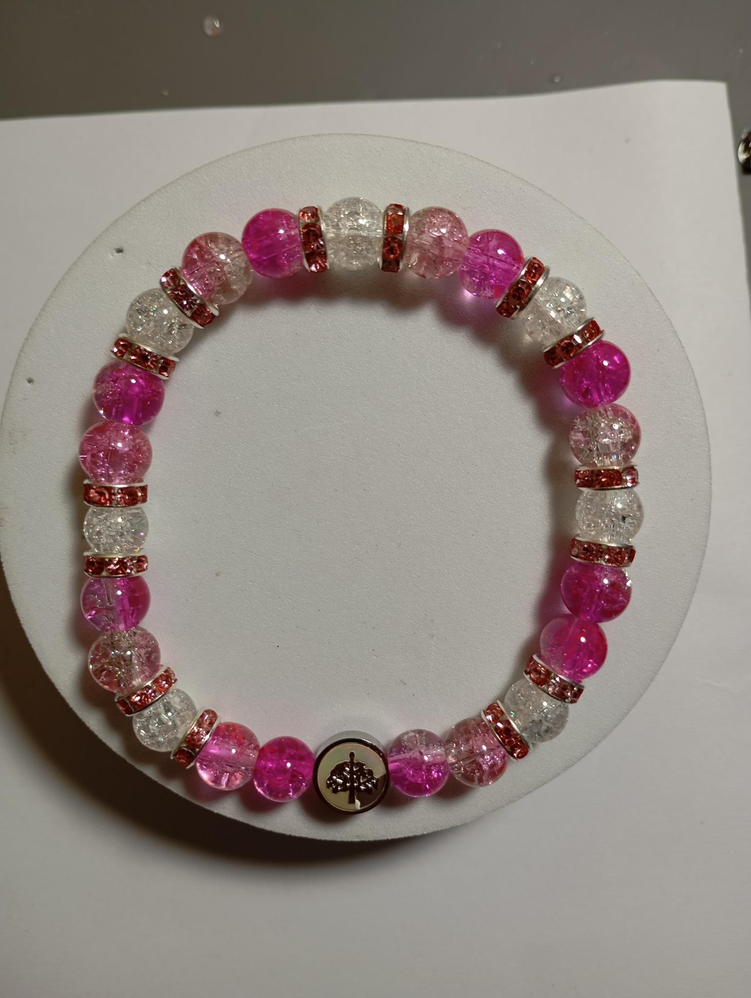 Bracelet en perles de verre craquelées  rose et blanc