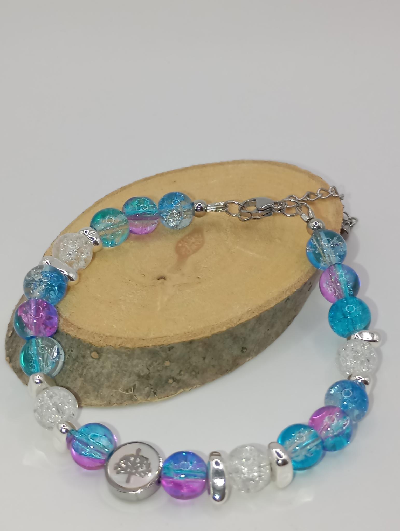 Bracelet en perles colorées et chips en  hématite argenté