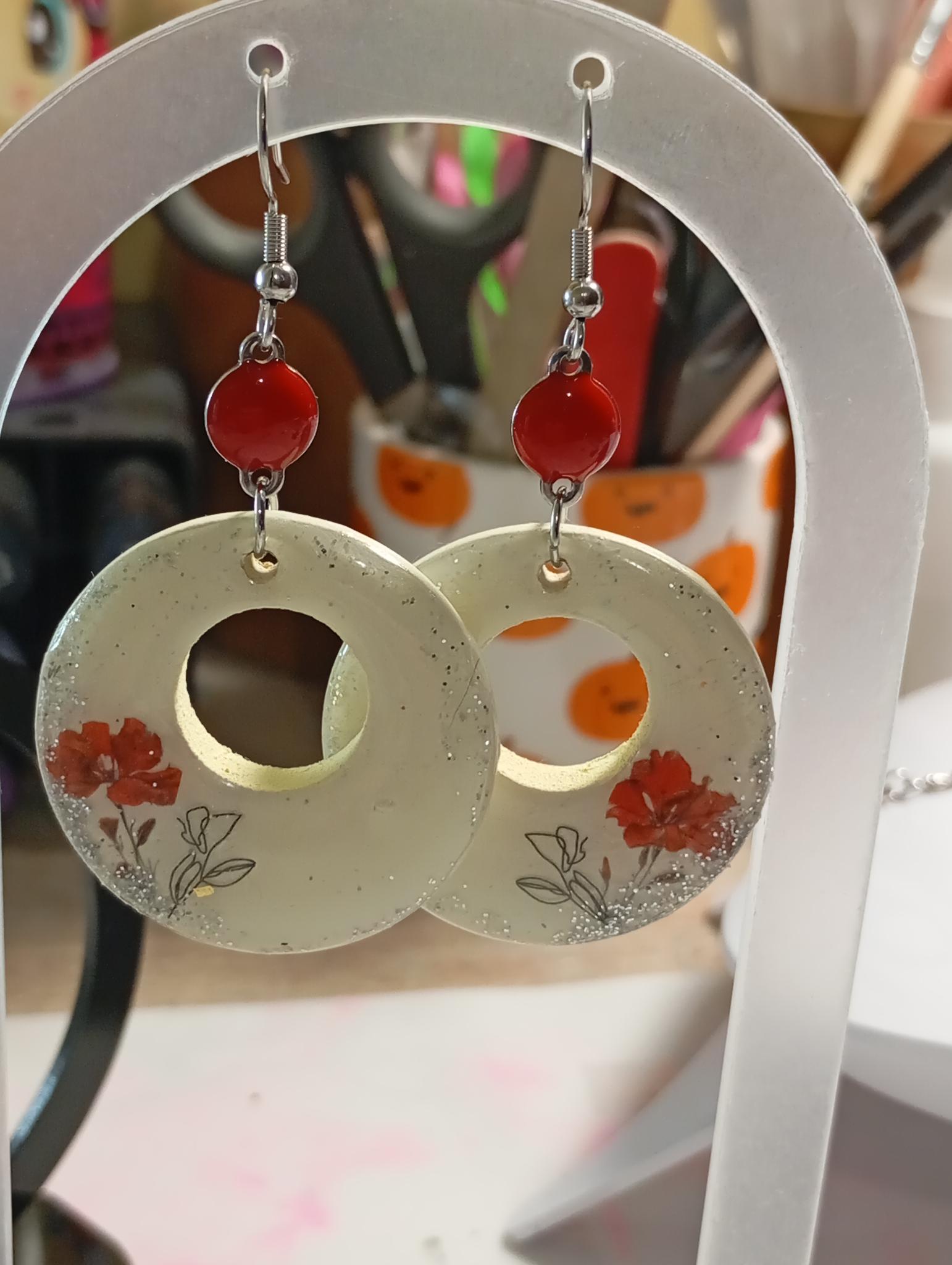 Boucles d'oreilles bois  rondes fleuries
