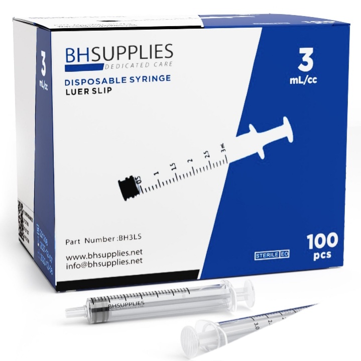 Disposable Syringe, 3 mL/cc, Luer Slip